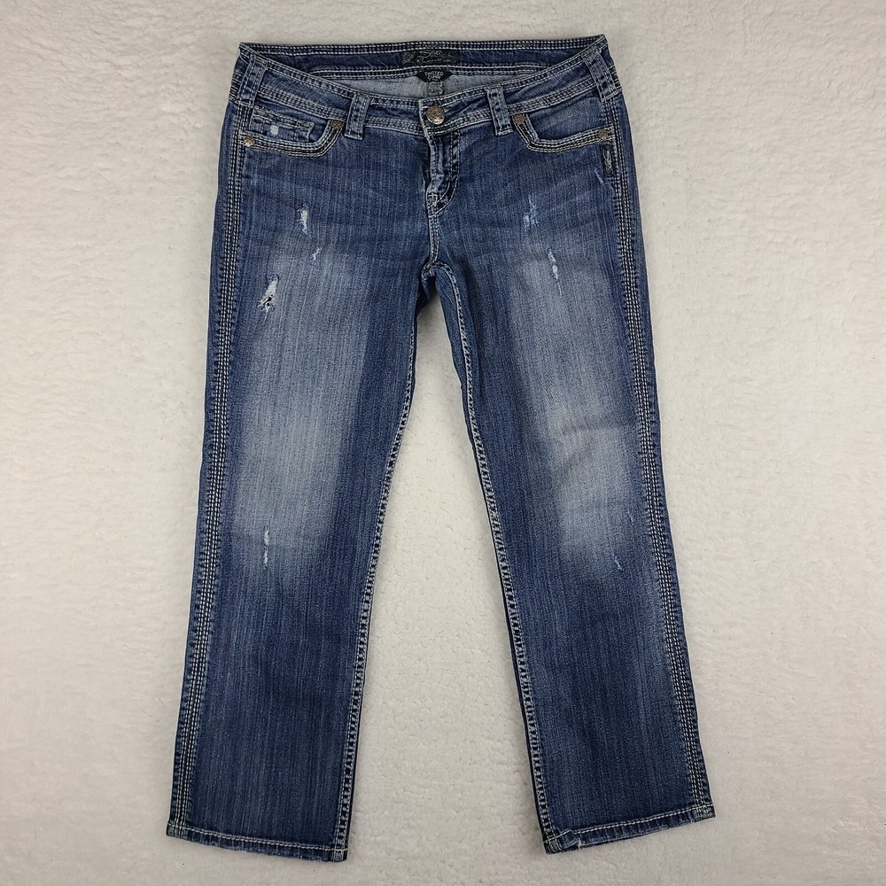 Silver Jeans Womens 31 Blue Twisted Capri Distress Medium Wash Denim